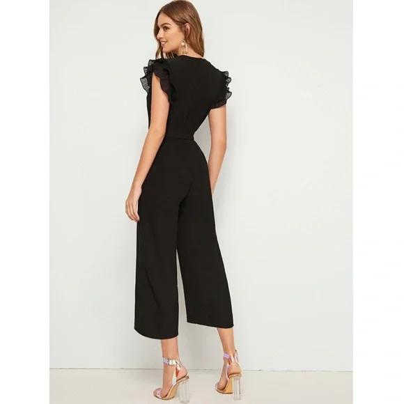 Black Elegant Belted Jumpsuit V-Neck Cap Short Sleeve - Picture 3 of 8